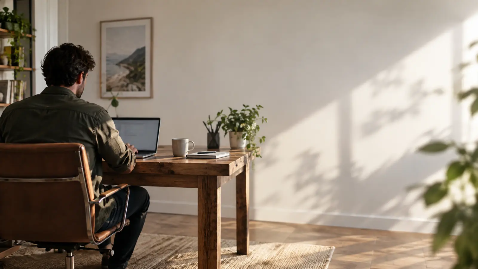 Arbeitsplatz am Holztisch, eine Person arbeitet am Laptop